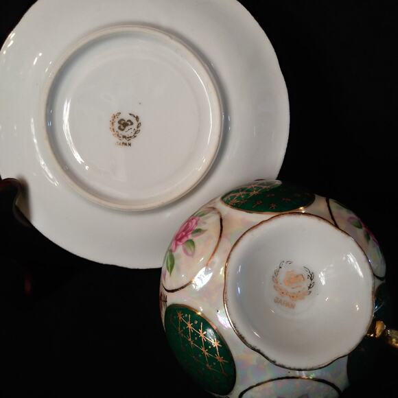Vintage Japan Lustre Ware Pedestal Cup n Saucer Pink Rose Green Panels Gold Trim - Picture 6 of 16